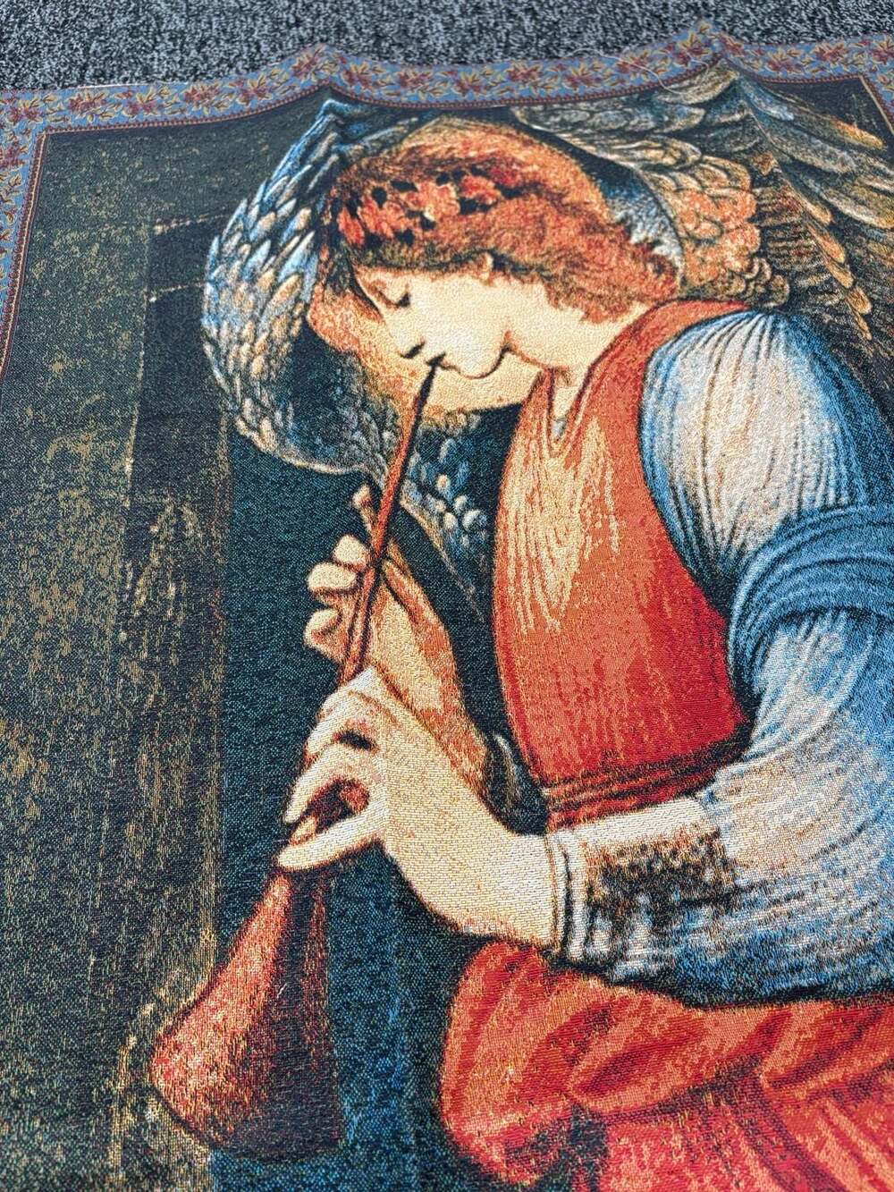 Vintage Angel Playing Flute Woven Tapestry Wall Hanging